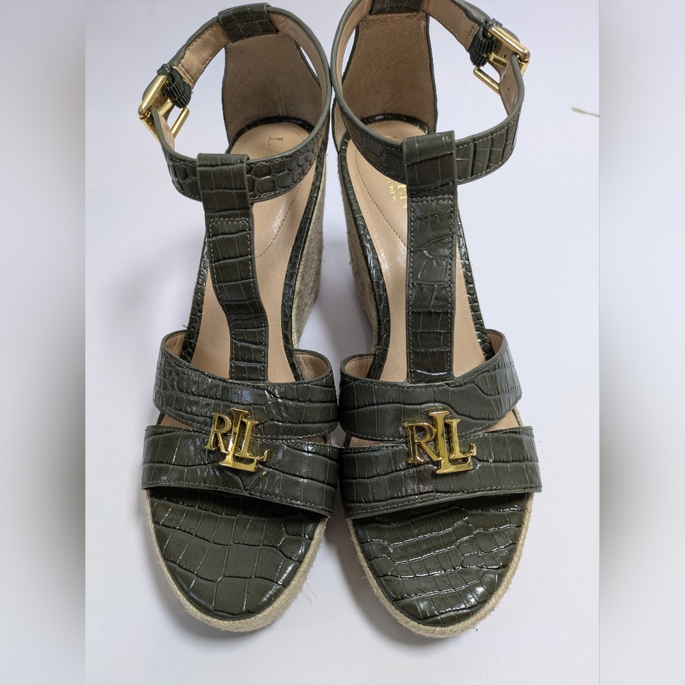 Ralph Lauren Hale Wedge T-Strap Open Toe Green Leather Sandals Size 10 B - Picture 4 of 10